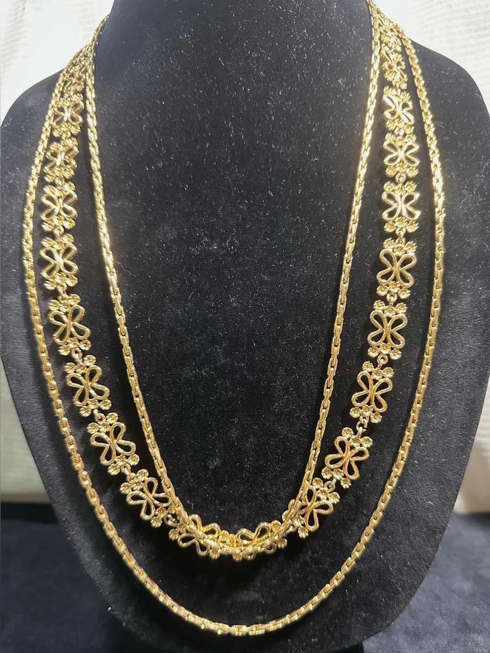 Vtg 1980’s MONET Gold Plated  Triple Strand Open Filigree Work Runway Necklace